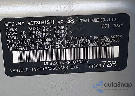 2024 Mitsubishi Mirage Es/Le из США, поврежденный, VIN ML32AUHJXRH033213